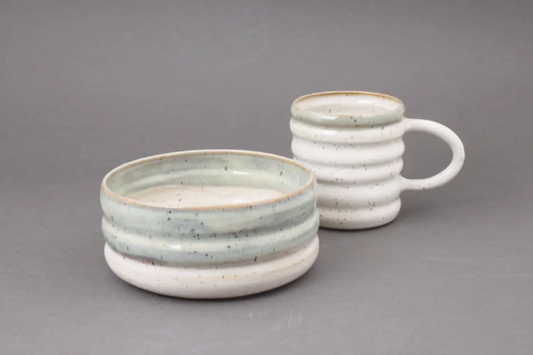 Kubek i miska oponka z zielonym rantem Ronja Ceramics